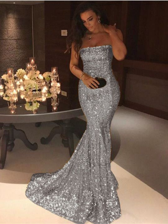 Luxury Strapless Mermaid Evening Dress UK Long Glitter Sequins Prom Dress