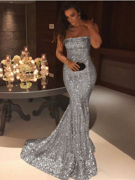 Luxury Strapless Mermaid Evening Dress UK Long Glitter Sequins Prom Dress
