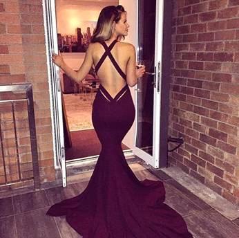 Sweep-Train V-neck Burgundy Elegant Mermaid Sleeveless Prom Dress UK sp0259