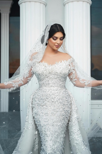 Appliques Lace Sequins Mermaid Wedding Dresses Long Sleeve