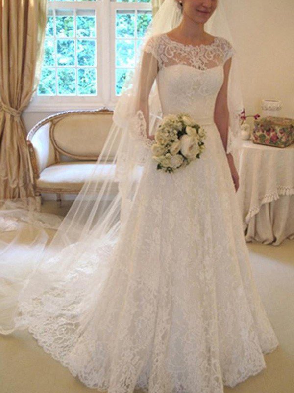 Court Train Applique A-Line Short Sleeves Square Lace Ribbon Wedding Dresses UK