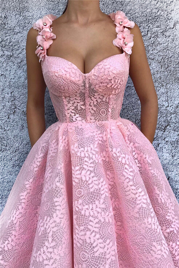 Sexy Lace Sweetheart Pink Prom Dress | Stylish Flower Straps Sleeveless Long Evening Dress UK