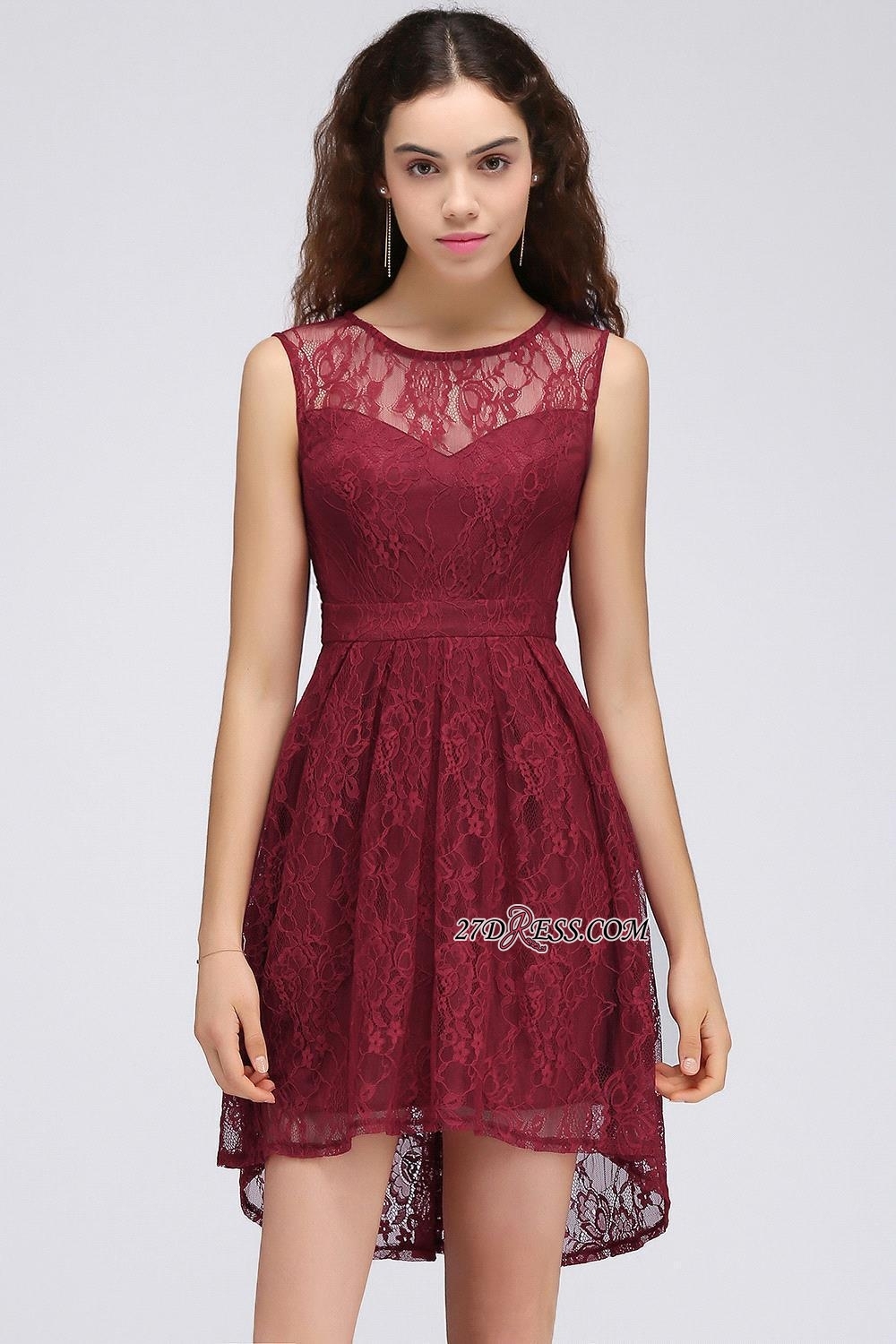 Burgundy Illusion Sleeveless A-line Lace Homecoming Dress UK