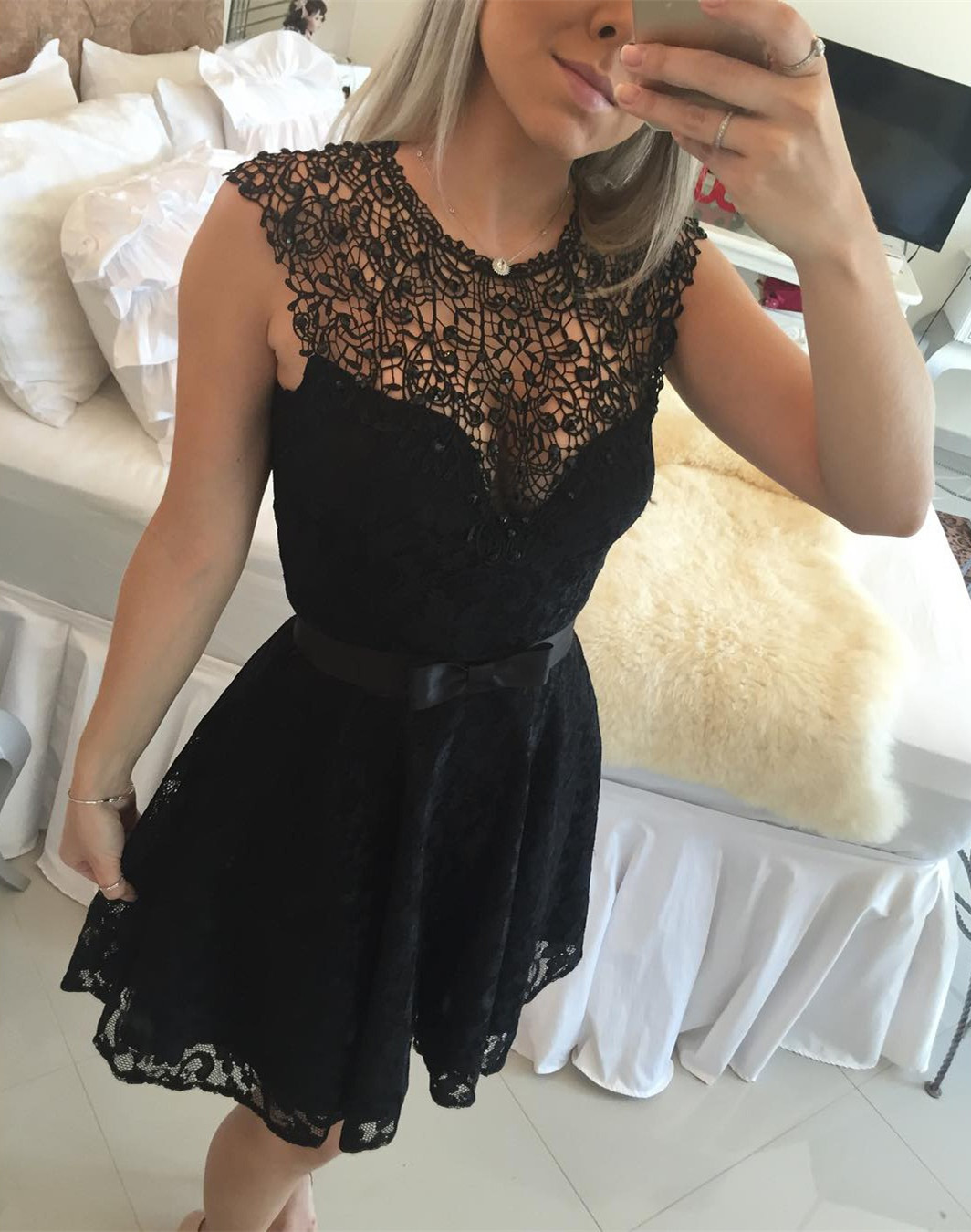 Elegant Black Short Lace Cocktail Dress UK Illusion Sleeveless Sash BA4283