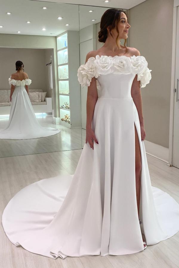Off Shoulder Wedding Dresses Elegant Satin Bridal Gown Side Slit with 3D Flowers-27Dress.co.uk