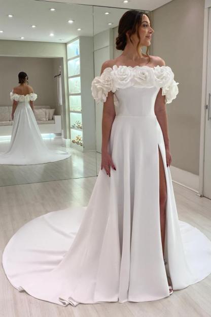 Off Shoulder Wedding Dresses Elegant Satin Bridal Gown Side Slit with 3D Flowers-27Dress.co.uk