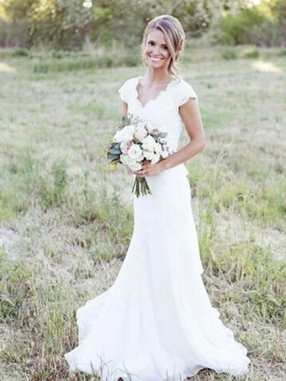 Sweep Train A-Line Lace V-Neck Tulle Sleeveless Wedding Dresses UK