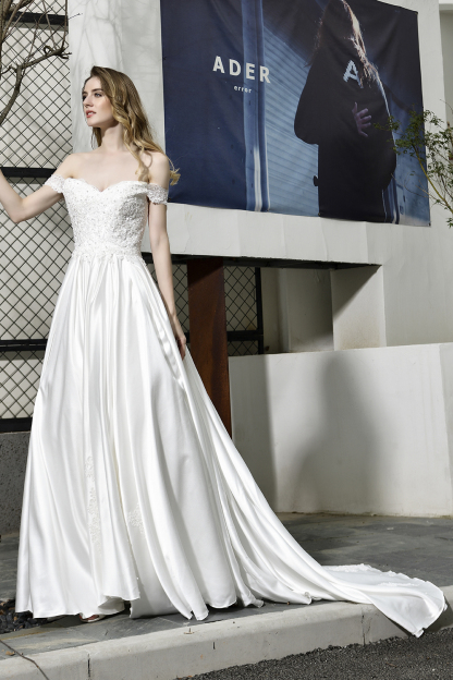 Off-the-Shoulder Satin Wedding Dress Aline Floral Lace Bridal Gown