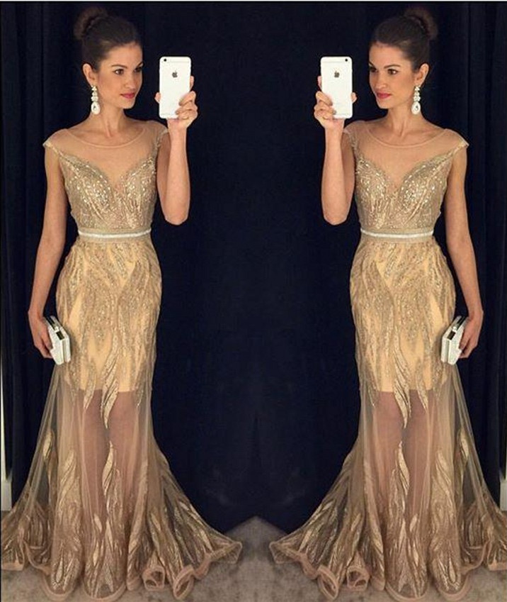 Elegant Scoop Sleeveless Beadings Prom Dress UK Mermaid Sheer Party Gown BA9147