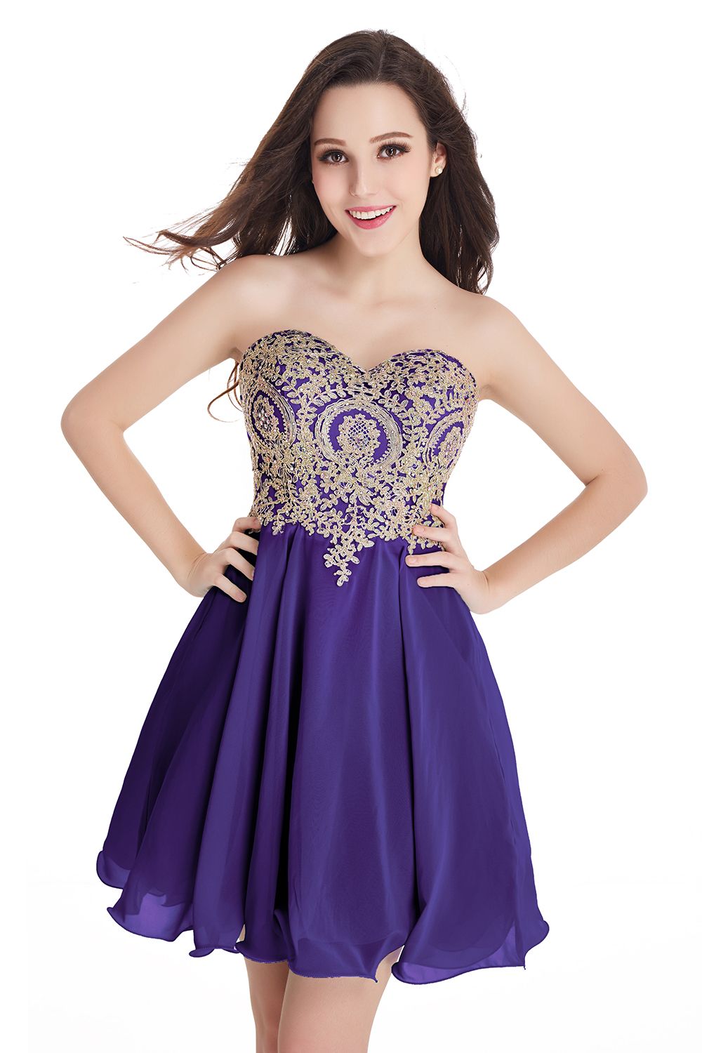 Cute Sweetheart Ruched Chiffon Mini Dress Gold Appliques Aline Short Homecoming Dress