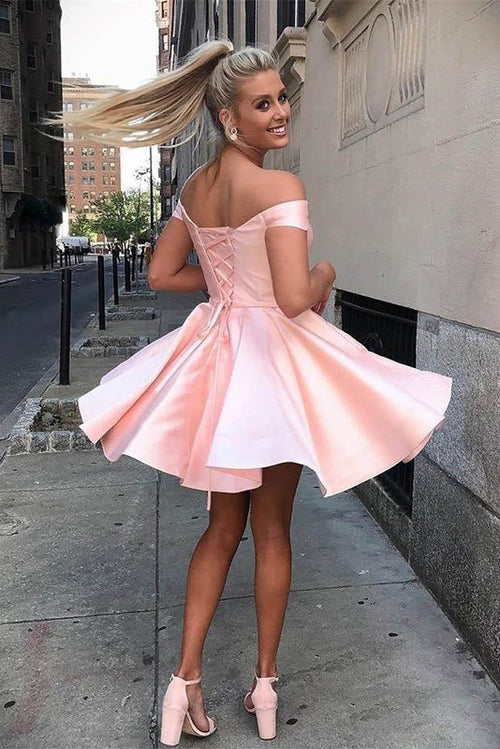 Off-the-Shoulder Satin Knee Length Dress for Party Aline Formal Dress
