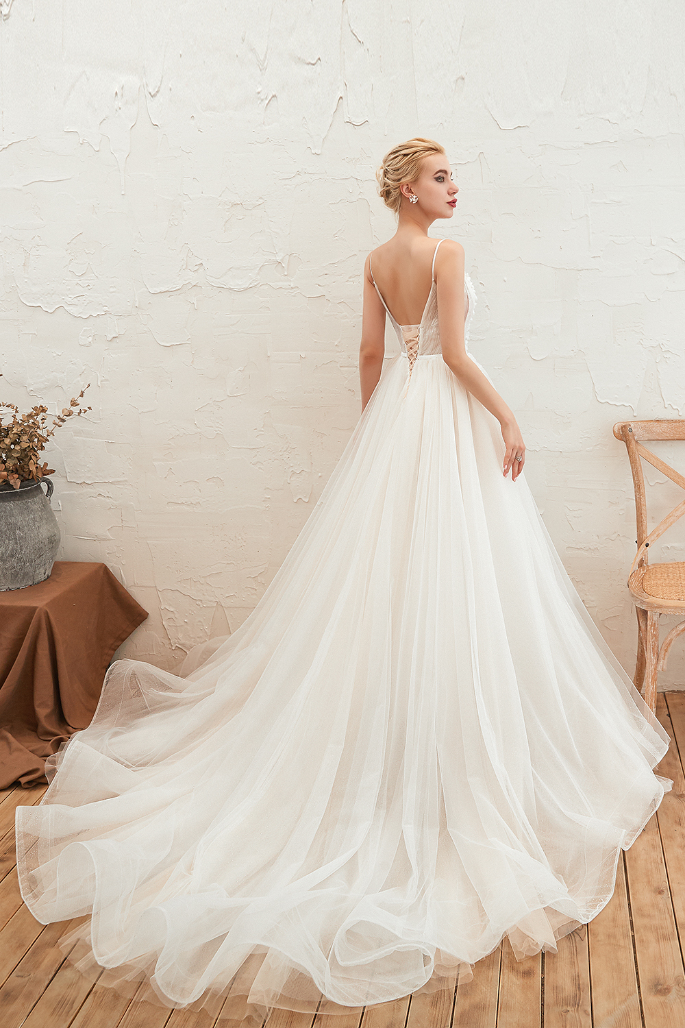 Spaghetti Straps Plunging V-neck Wedding Dress