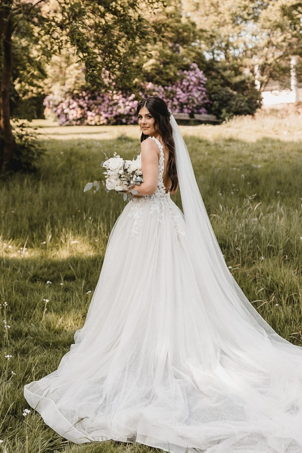 Beautiful V-neck Open Back Appliques Lace A-Line Wedding Dresses