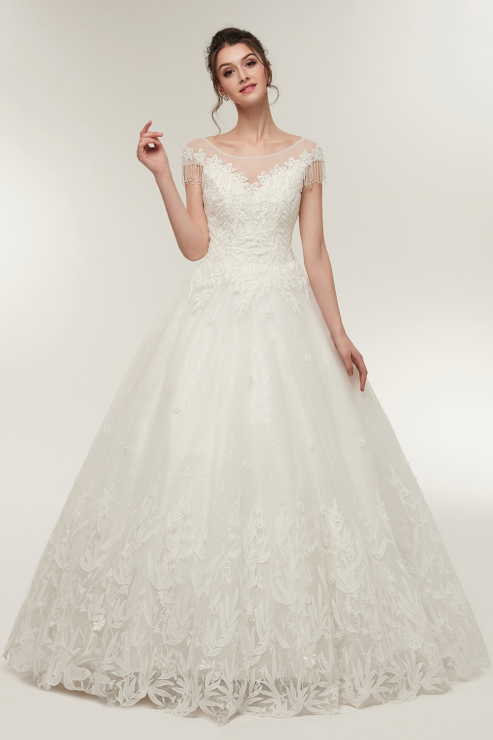 Cap Sleeves Scoop Tulle Lace Wedding Dress Aline Floor Length Crystals Bridal Dress