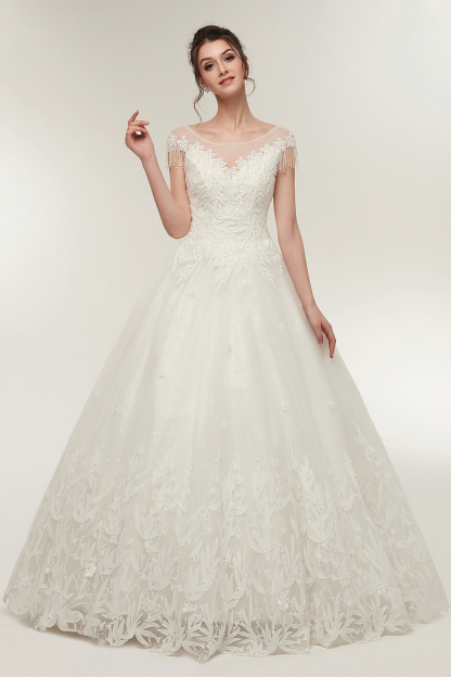 Cap Sleeves Scoop Tulle Lace Wedding Dress Aline Floor Length Crystals Bridal Dress