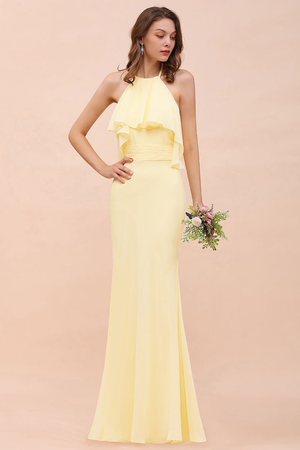 Halter Mermaid Ruffle Bridesmaid Dress Backless Daffodi Long Wedding Guest Dress