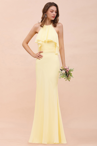Halter Mermaid Ruffle Bridesmaid Dress Backless Daffodi Long Wedding Guest Dress
