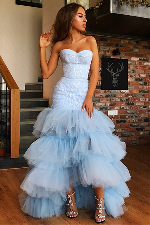 Elegant Mermaid Tulle Layers Strapless Sleeveless High-Low Prom Dress UK