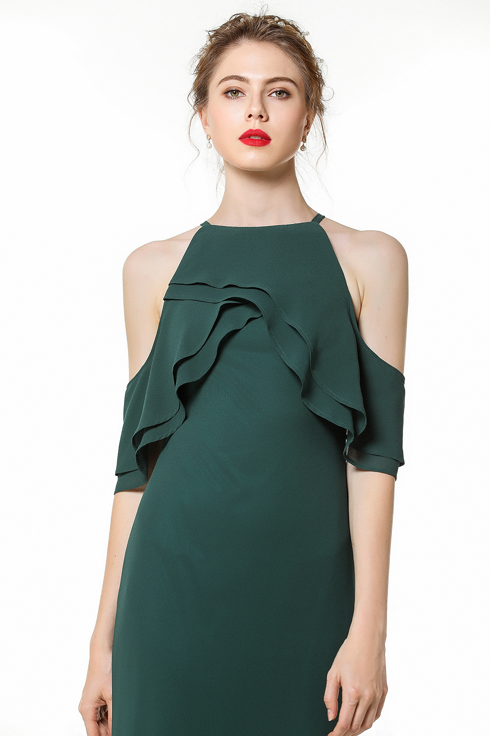 Cold-shoulder Ruffle Dark Green Bridesmaid Dresses