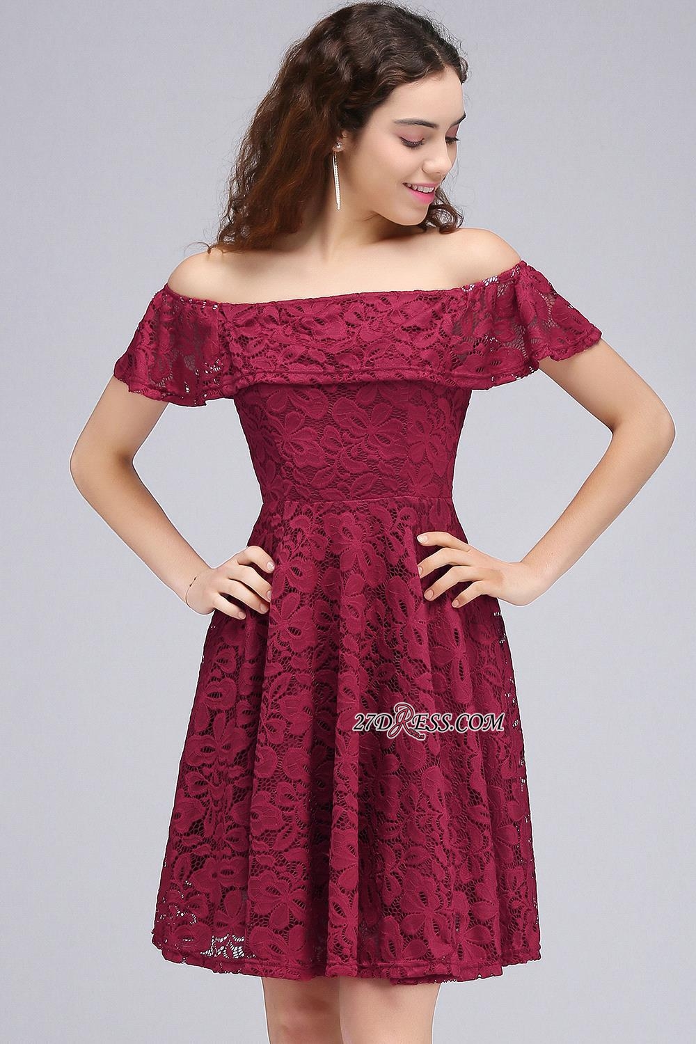 Sheath Burgundy Lace Short Off-the-Shoulder Homecoming Dress UKes UK