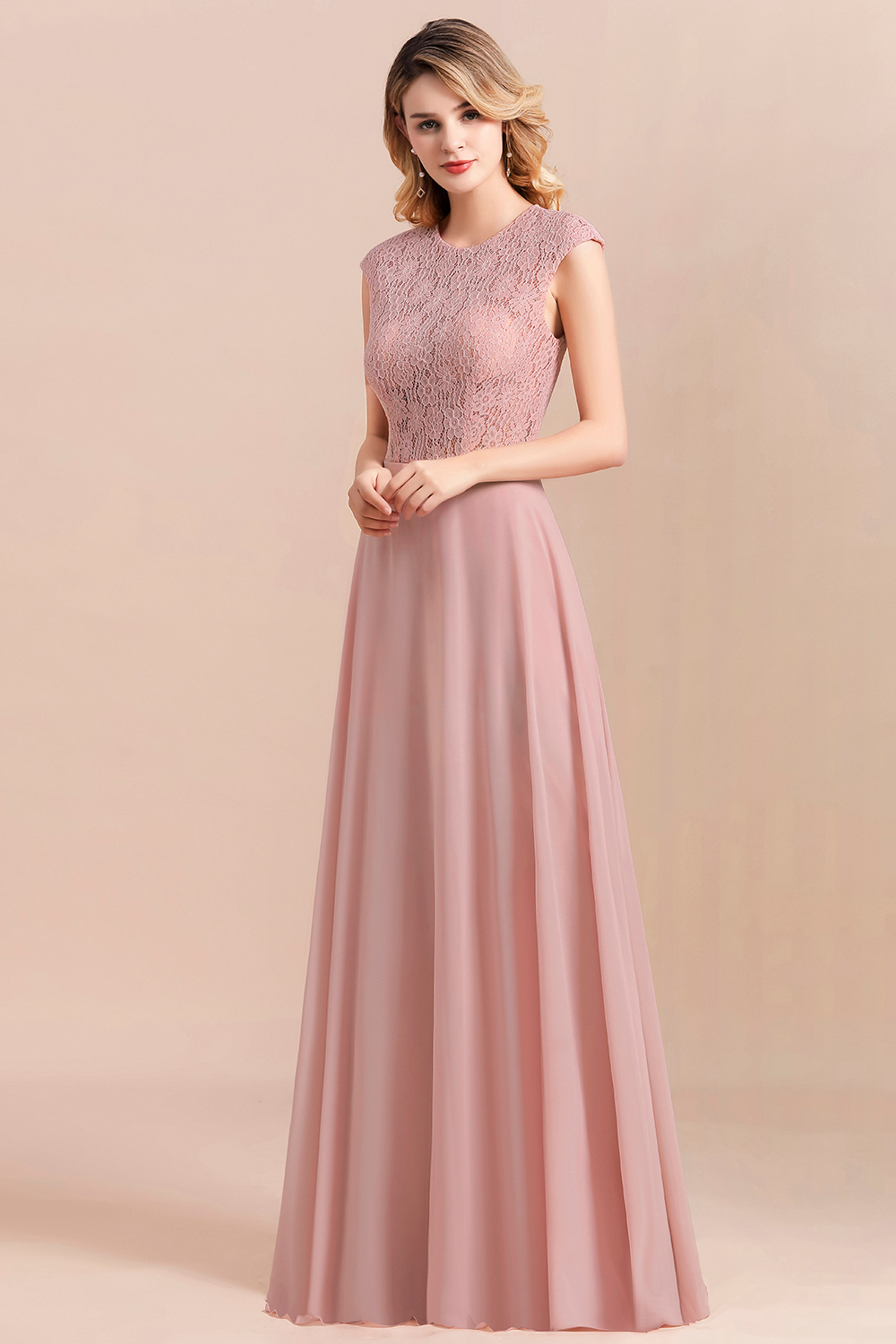 Elegant Scoop Neck Dusty Pink Lace Chiffon Bridesmaid Dress
