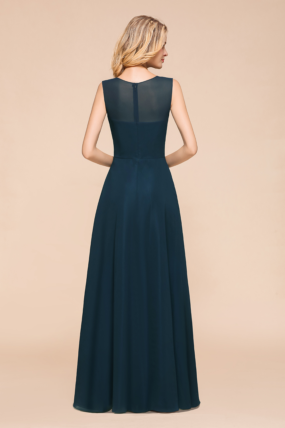 Jewel Neck Navy Long Bridesmaid Dress Sleeveless Chiffon Wedding Guest Dress
