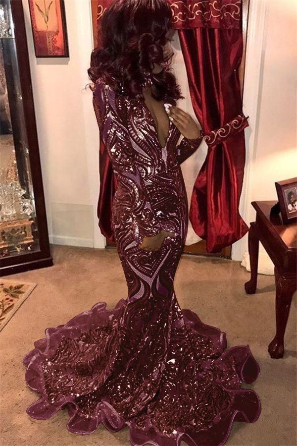 Amazing Seductive Deep Sexy V-Neck Long Sleeves Gold Lace Appliques Elegant Mermaid Prom Dress UKes UK UK
