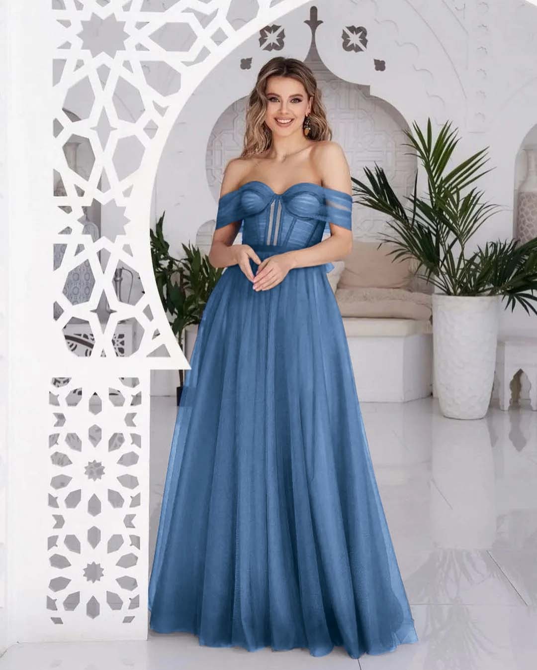 Stunning Tulle Off the Shoulder Sweetheart Strapless Royal Blue Prom Dress