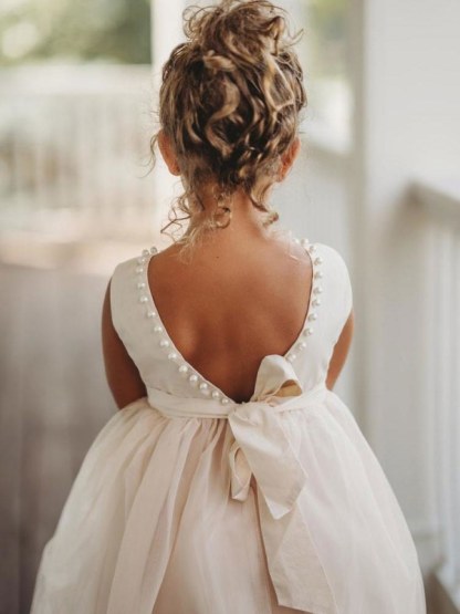 Jewel Neck Ivory Flower Girl Dress Sleeveless Formal Kids Dress for Party
