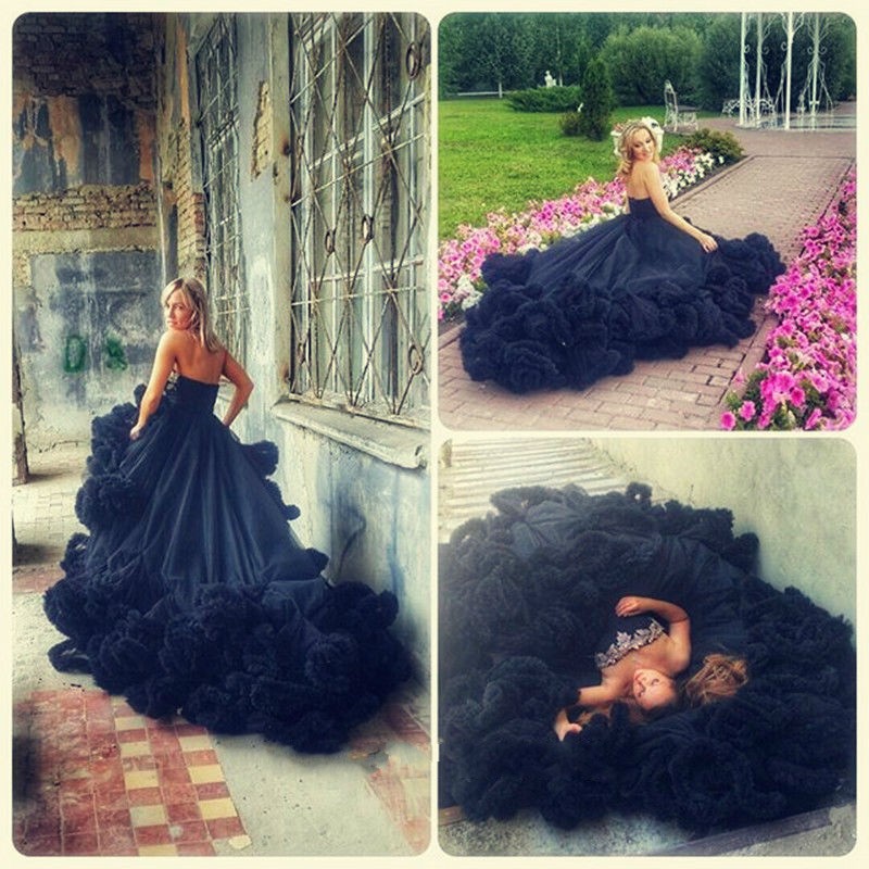 Luxury Appliques Ruffles Black Evening Dress UK Court Train Sleeveless