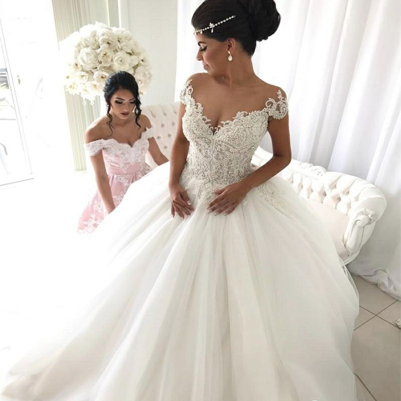 Modest Ball Gown Lace Off-the-shoulder Wedding Dress | Ivory Bridal Gown