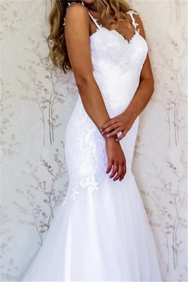 Appliques Straps Wedding Dresses UK | Backless Longsleeves Floral Bridal Gowns