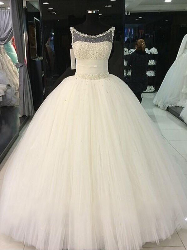 Floor-Length Tulle Ball Gown Beads Scoop Neckline Sleeveless Wedding Dresses UK-27Dress.co.uk