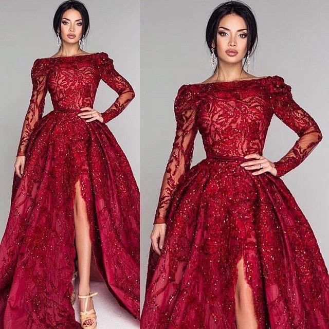 Ball Gown Backless Burgundy Beading Appliques Long Sleeves Formal Dresses-27Dress.co.uk