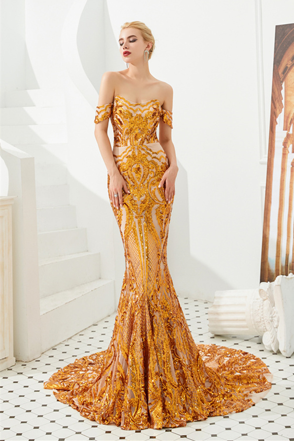 Glamorous Off-the-Shoulder Glitter Sequins Appliques Long Mermaid Prom Dress