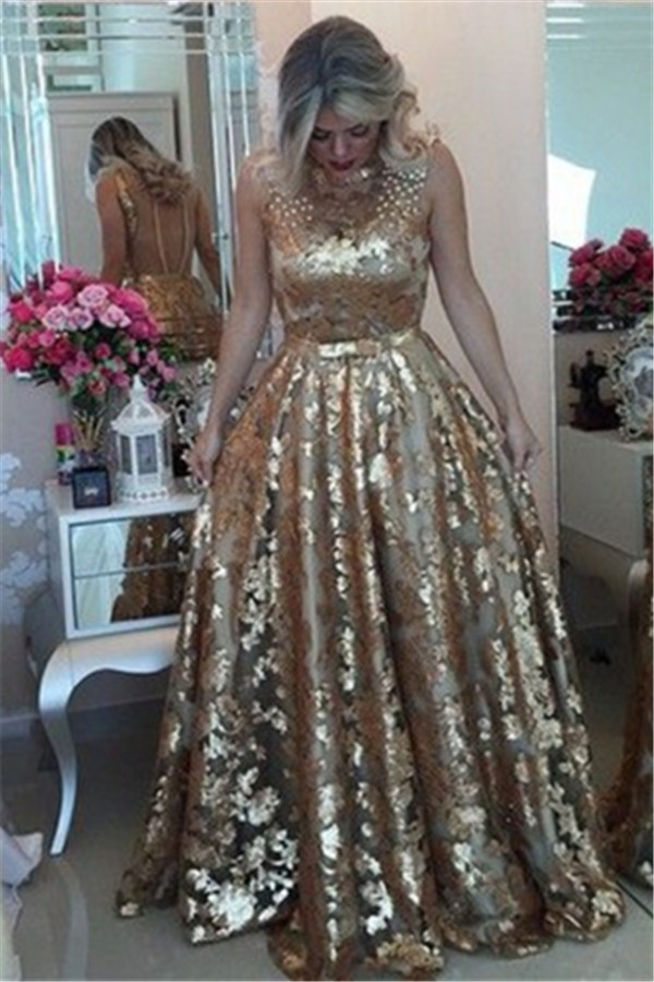 Luxury Gold Straps Beaded Sequins Sleeveless Prom Dress UK