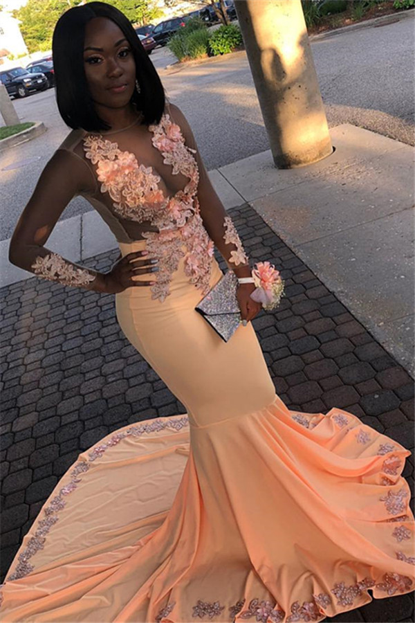 Orange Sheer Tulle Floral Lace Appliques Long-Sleeves Elegant Trumpt Prom Dress UKes UK UK