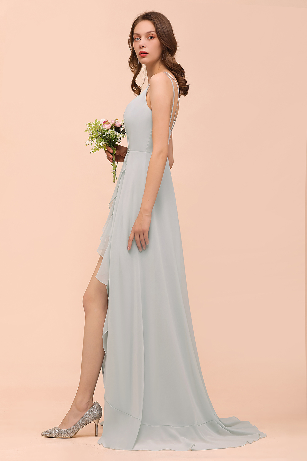 Elegant Mist Bridesmaid Dress Affordable V-Neck Straps Long Evening Dress