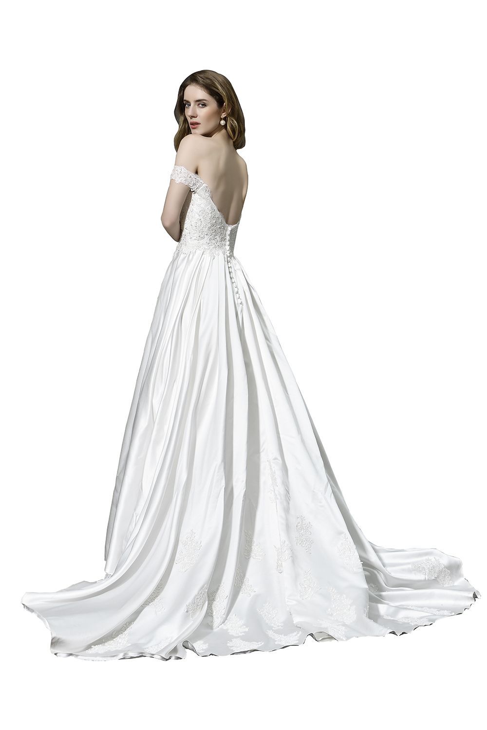Off-the-Shoulder Satin Wedding Dress Aline Floral Lace Bridal Gown