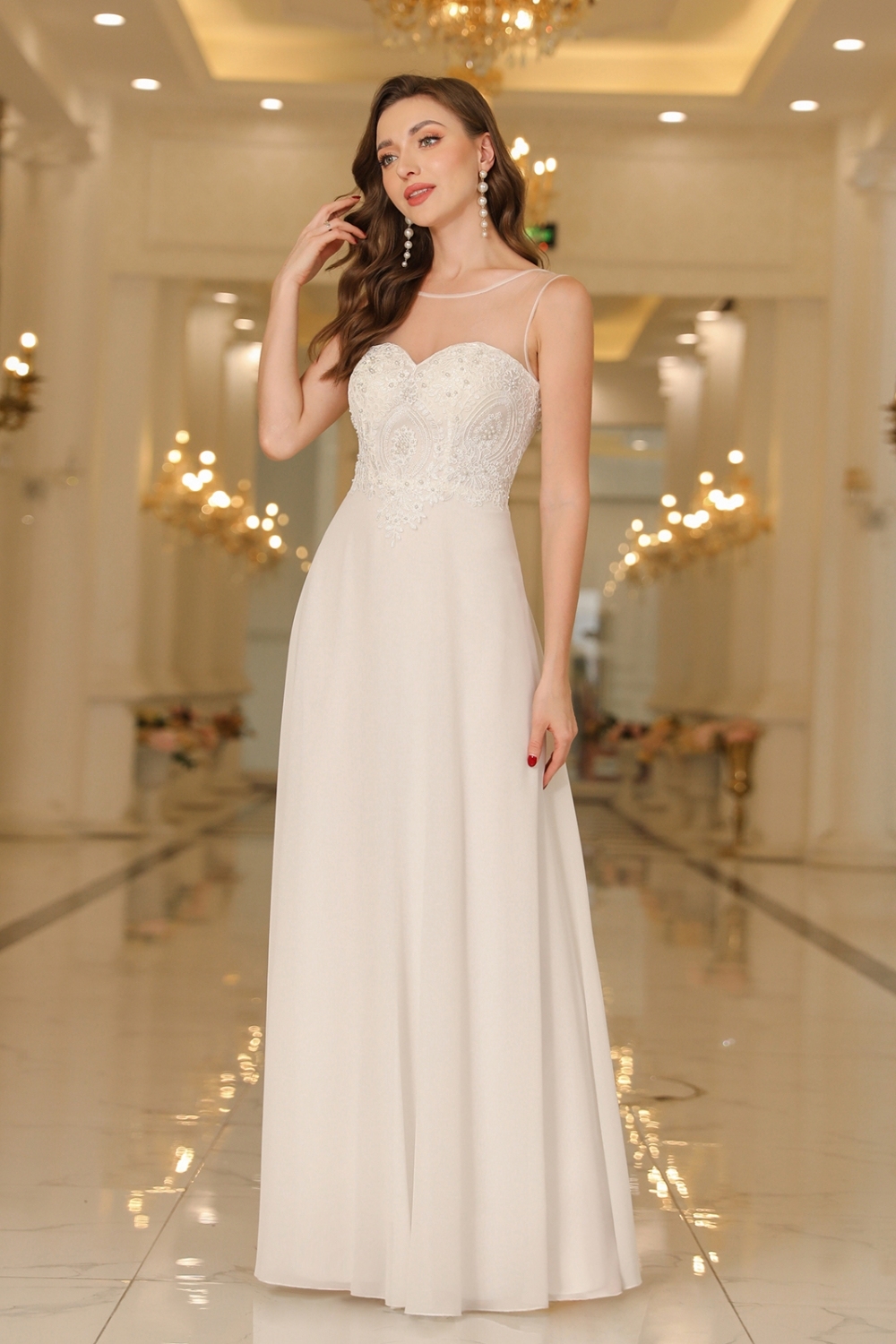 Elegant Scoop Neck Chiffon Aline Evening Dress Sleeveless Lace Formal Dress with Appliques
