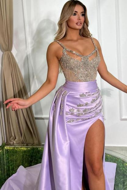 Gorgeous Glitter Sequins Ruched Satin Lilac Side Slit Evening Dress with Crystals