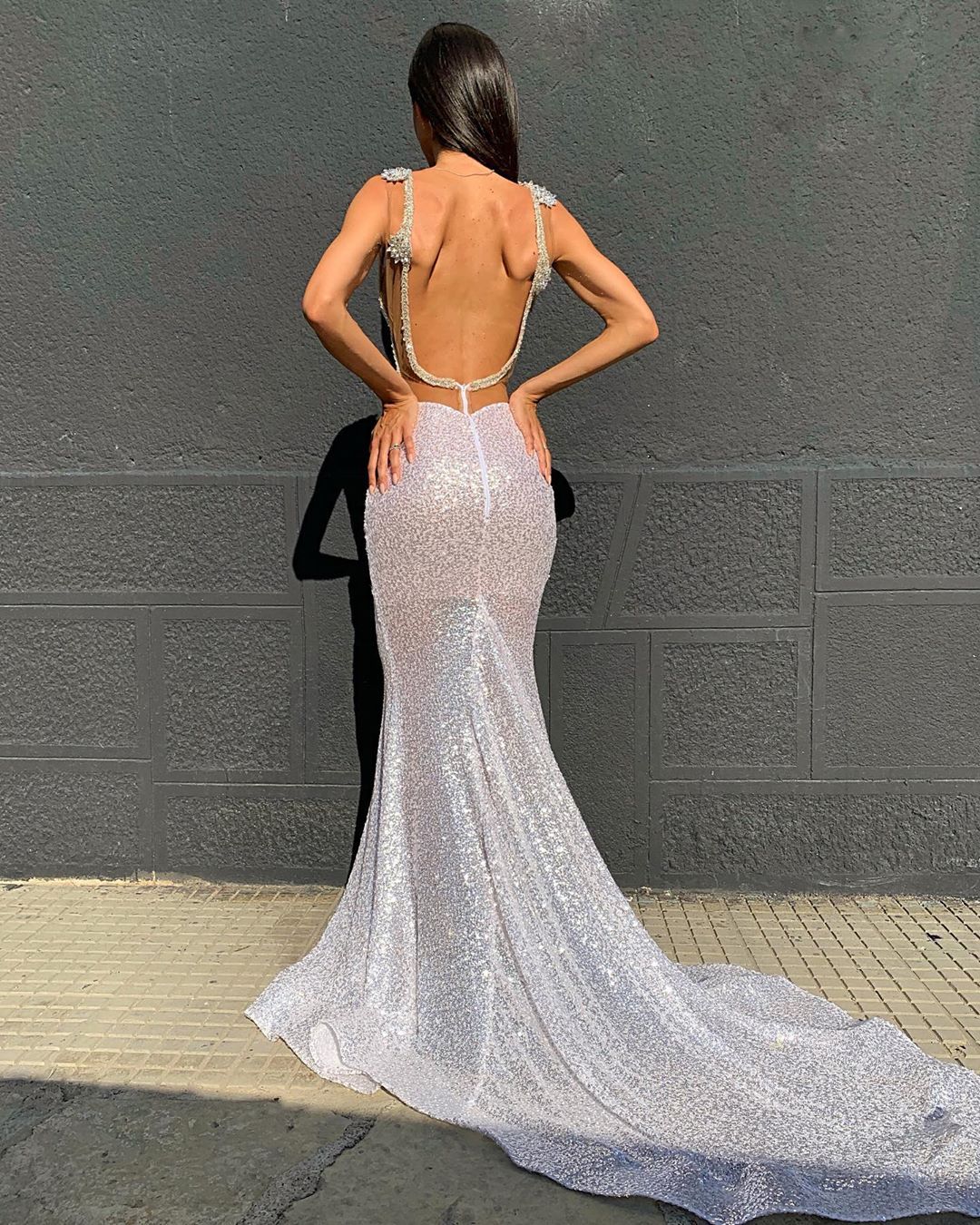 Shinning Silver V-neck Sleeveless Sweep Train Sequins Mermaid Gowns