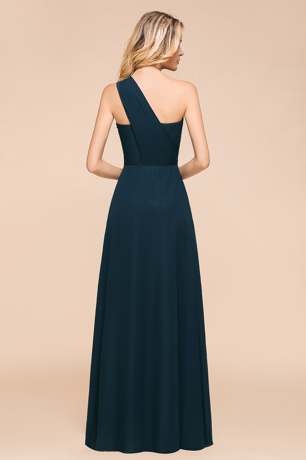 Chic One Shoulder Chiffon Long Navy Bridesmaid Dress