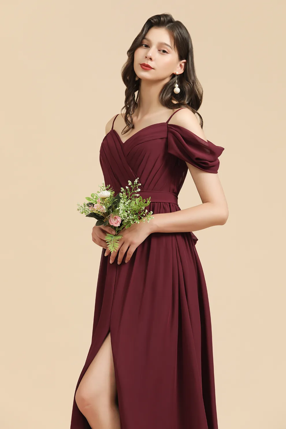 Off-the-Shoulder Bridesmaid Dress Straps Chiffon Evening Maxi Dress