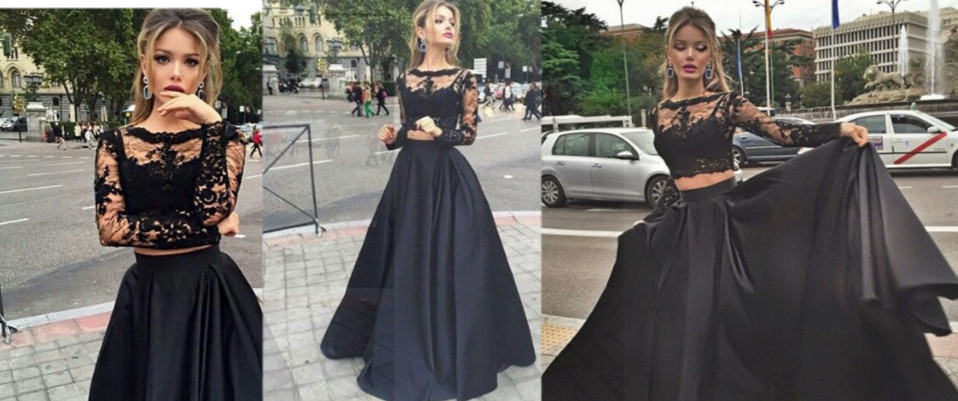 Elegant Black Lace Long Sleeve Prom Dress UK Two Pieces Long Evening Gown