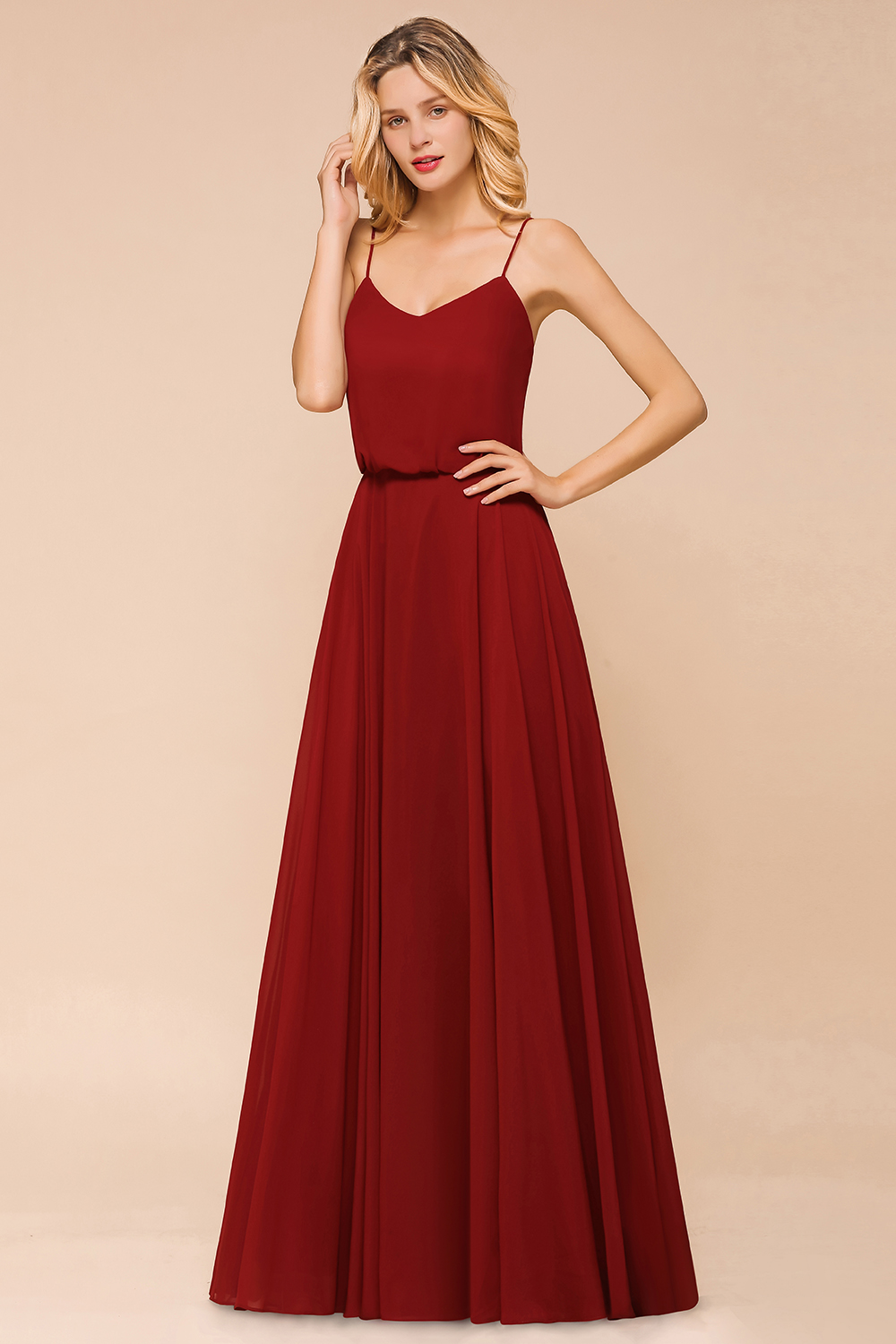 Spaghetti Straps Chiffon Rust Long Bridesmaid Dress