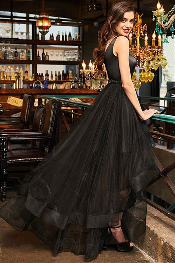 Black Elegant V-Neck Ruffles Crystal Prom Dress UKes UK Hi-Lo Open Back Sleeveless Elegant Evening Dress UKes UK