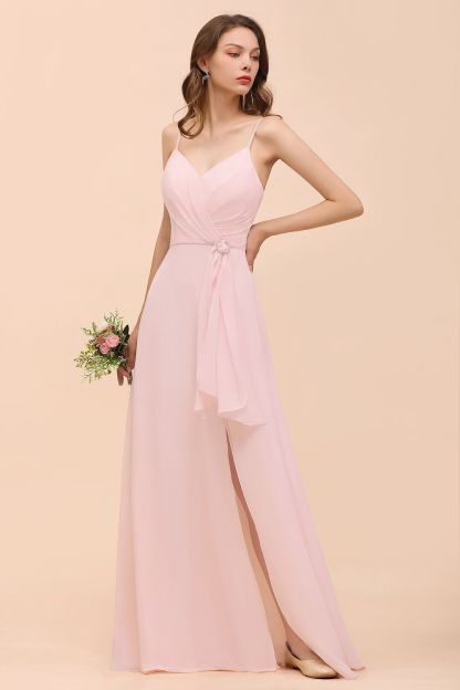 Beautiful Blushing Pink Long Chiffon Bridesmaid Dress with Straps