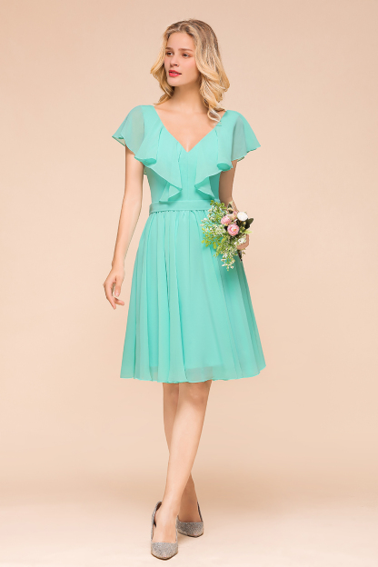 Chic Chiffon Short Bridesmaid Dress Knee Length Mint Green Wedding Guest Dress