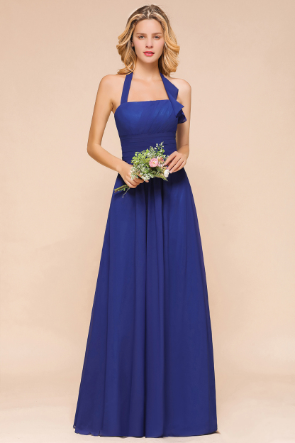 Affordable Halter Bridesmaid Dress Royal Blue Chiffon Long Wedding Guest Dress
